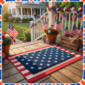 Breling Veterans Day decor mat bold blue stars and red stripes.