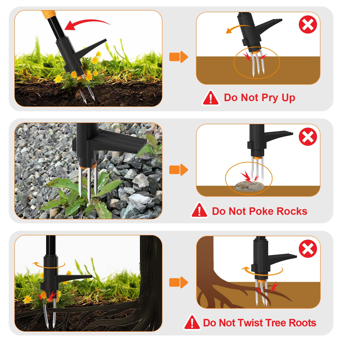Brewin Tools three-claw weeder grips roots effortlessly with twist-pull action.