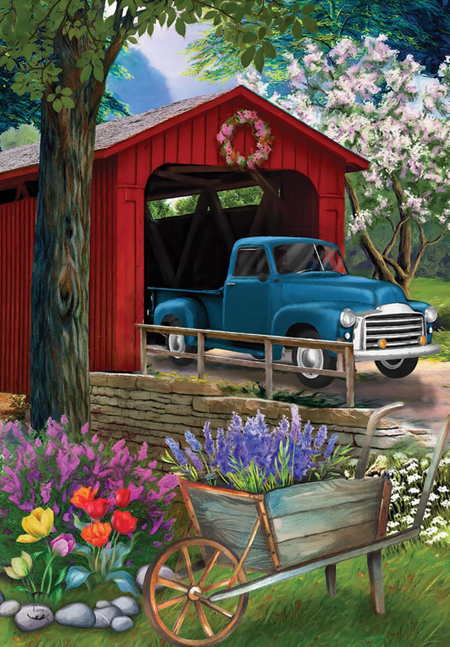 Briarwood Lane Bridge Blooms Spring flag front view for outdoor display.