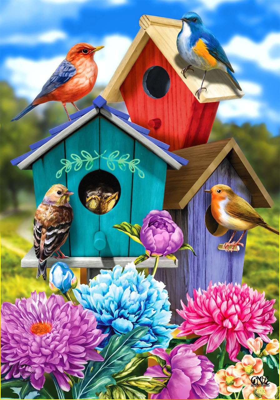 Briarwood Lane Colorful Birdhouses flag 28x40, weather-resistant outdoor decor.