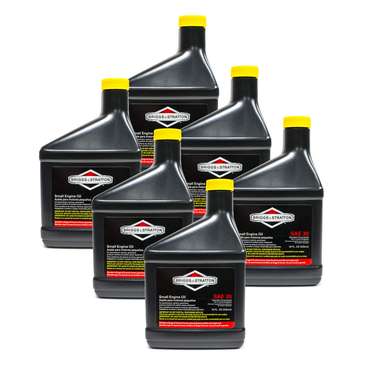 Briggs and Stratton 100005 SAE 30W engine oil in 18oz bottles, six-pack, ideal for lawn equipment maintenance.