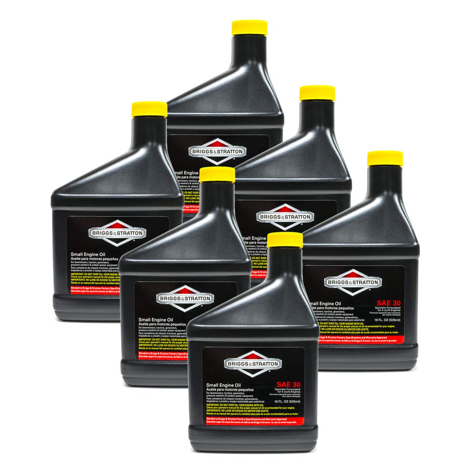 Briggs and Stratton 100005 SAE 30W engine oil in 18oz bottles, six-pack, ideal for lawn equipment maintenance.