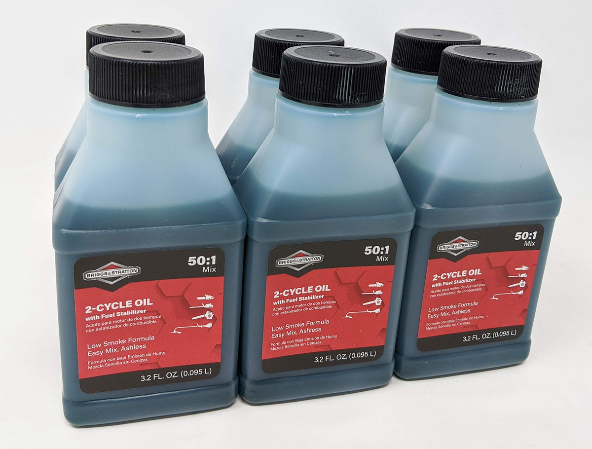 Briggs and Stratton six-pack 2-cycle oil bottles ready for smooth engine lubrication.