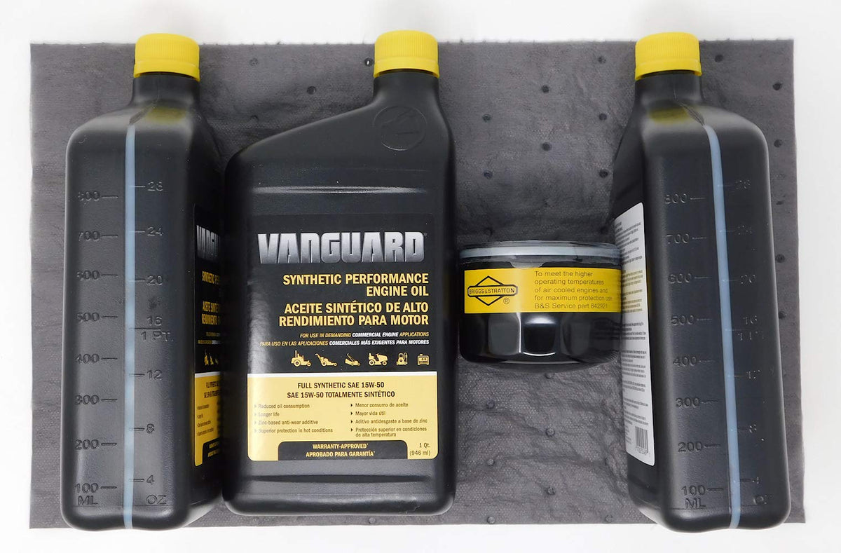 Briggs & Stratton oil change kit pack shows a complete maintenance set.