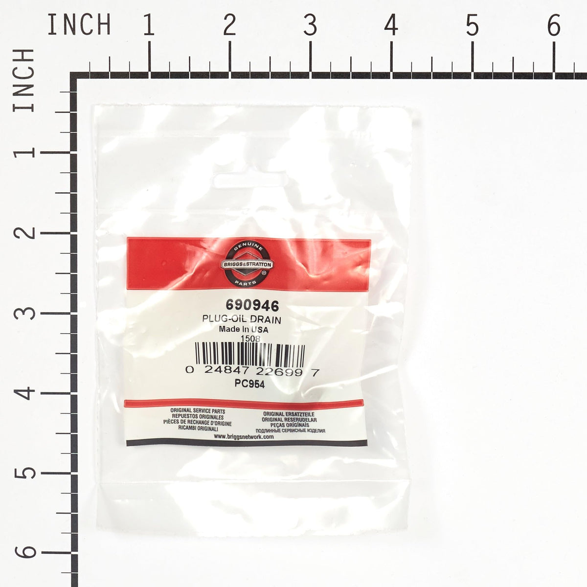 Briggs & Stratton oil drain plug packaging confirms genuine replacement part.