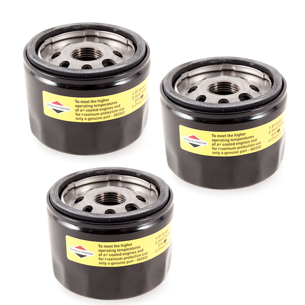 Briggs and Stratton oil filter 492932-3 pack supports engine protection and cleaner oil.