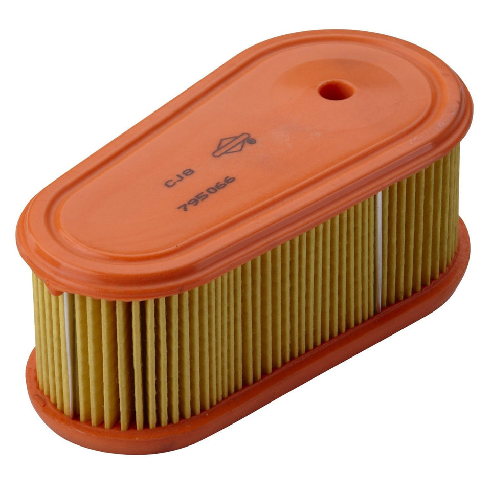 Briggs & Stratton oval air filter cartridge 795066 in use to protect engine from debris.