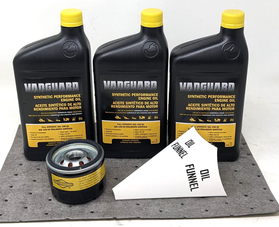 Briggs & Stratton Vanguard 15W-50 oil bottle supports smooth engine operation.