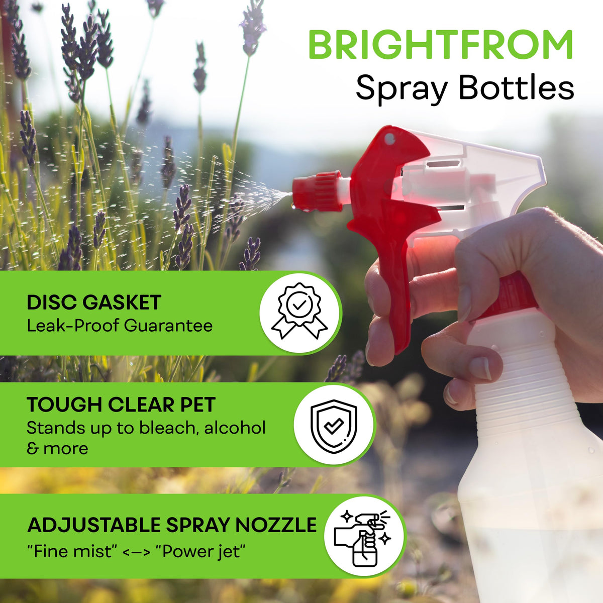 BRIGHTFROM adjustable-sprayer-nozzle enables fine mist or jet flow for precise application.