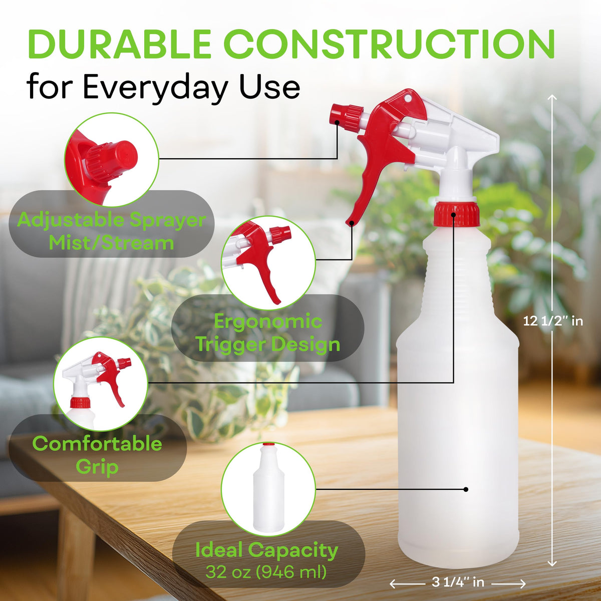 BRIGHTFROM chemical-resistant-bottle stands up to cleaners and solvents in daily use.