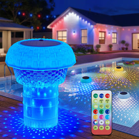 Brightown 2-in-1 chlorine floater light shows pool ambiance with convenient dispensing.