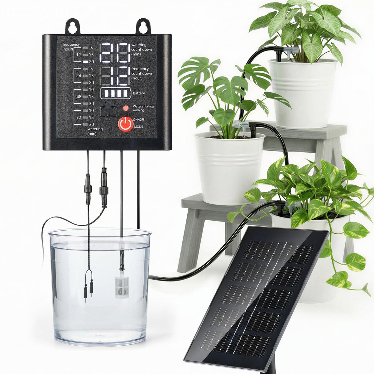 Brightown solar drip system pump powers automatic garden watering.