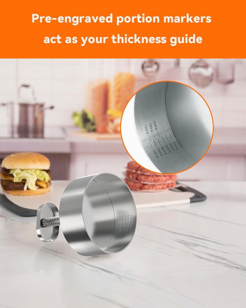 Brigii 304 stainless steel patty press delivers durable surface for frequent use.