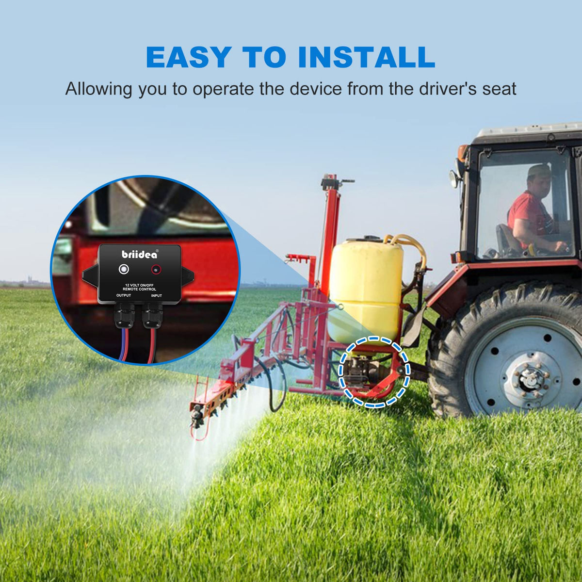 Briidea remote supports spray pumps, lawn tractors, and utility vehicles.