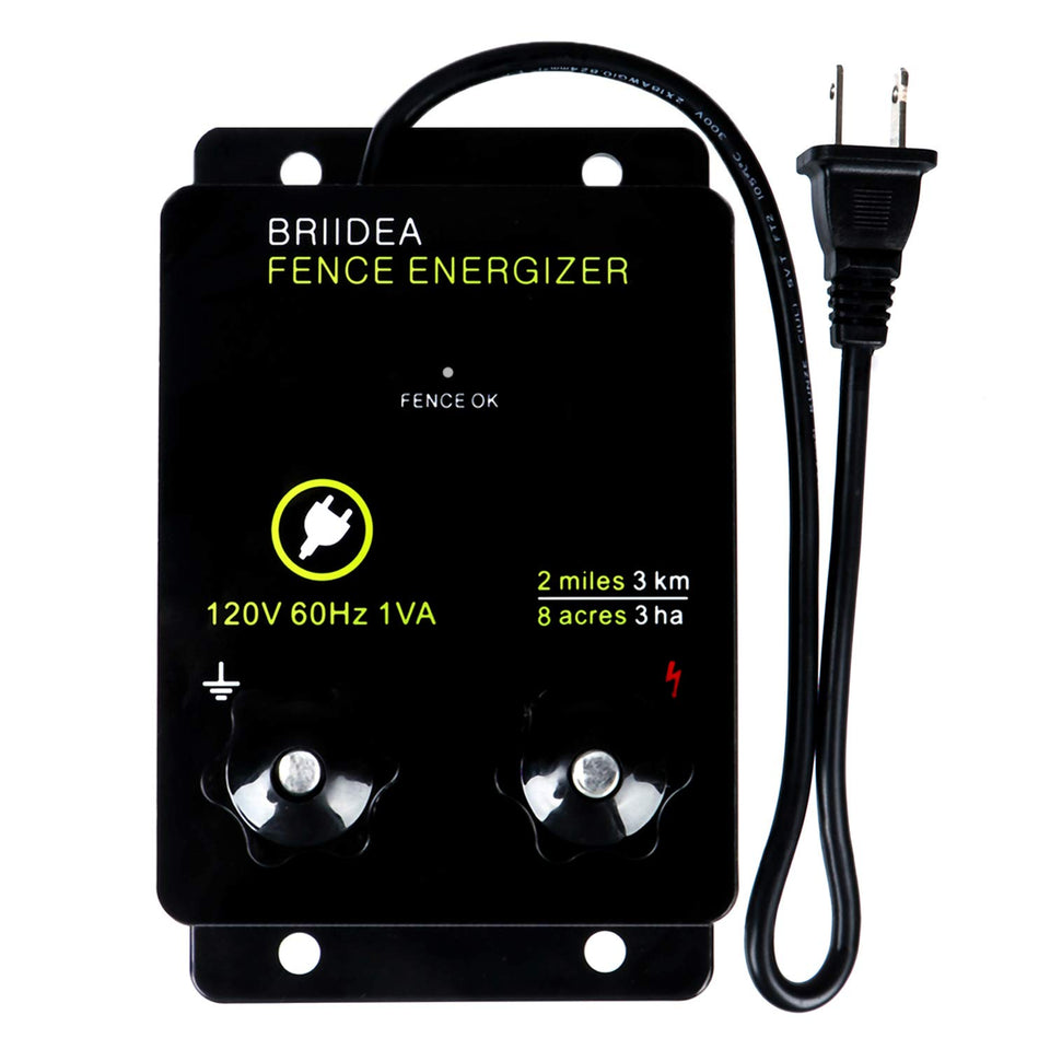 Briidea fence energizer delivering 5000V across 8 acres for wildlife deterrence