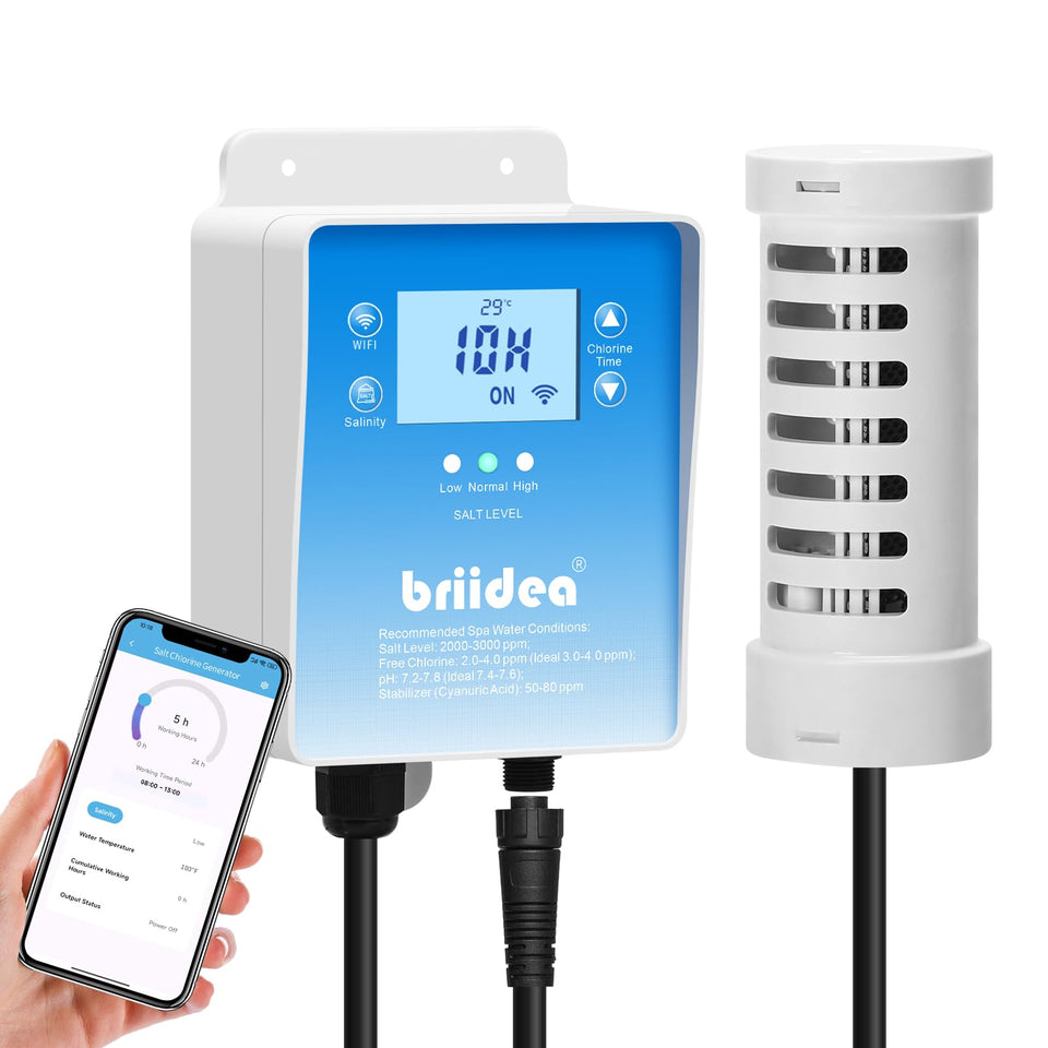 Briidea WiFi salt chlorine generator front view with app control for easy spa maintenance