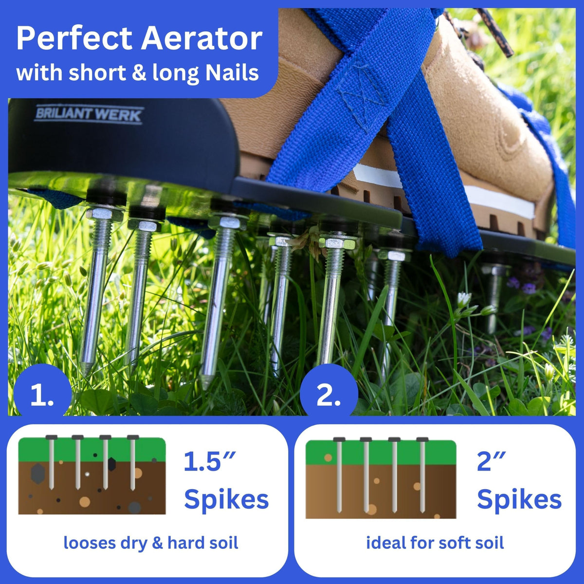Briliantwerk lawn aerator with 2-inch spikes for deep soil penetration