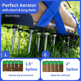 Briliantwerk lawn aerator with 2-inch spikes for deep soil penetration