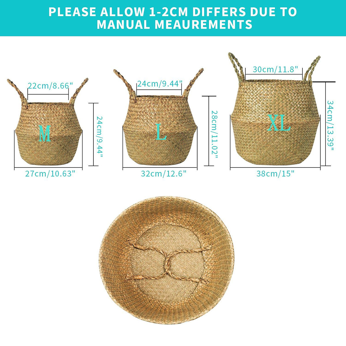 BrilliantJo Seagrass Belly Basket handles up for display