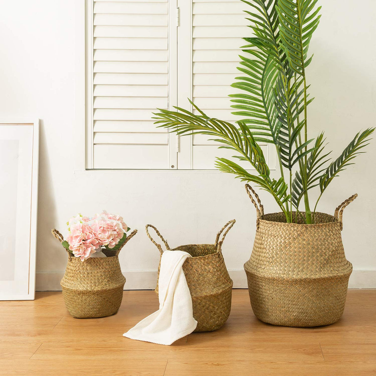 BrilliantJo Seagrass Belly Basket plant pot use in living space