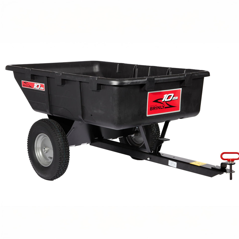 Brinly 10 cu ft poly cart bed; durable, dent-resistant for mulch and soil tasks.