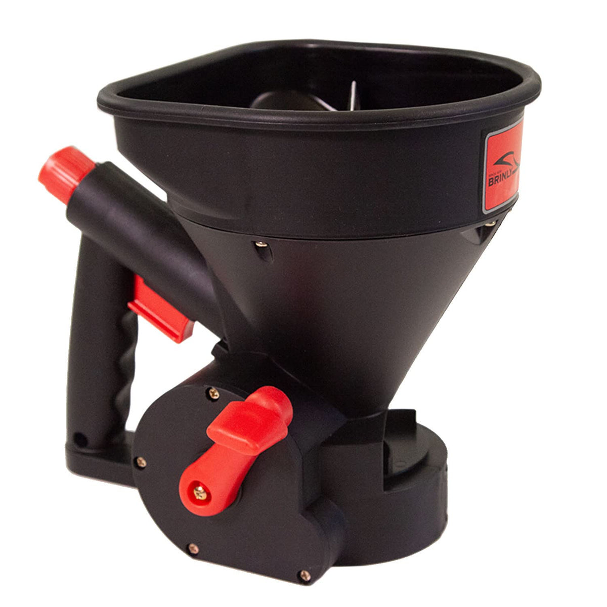 Brinly 5lb spreader ergonomic trigger enables easy one-handed operation.