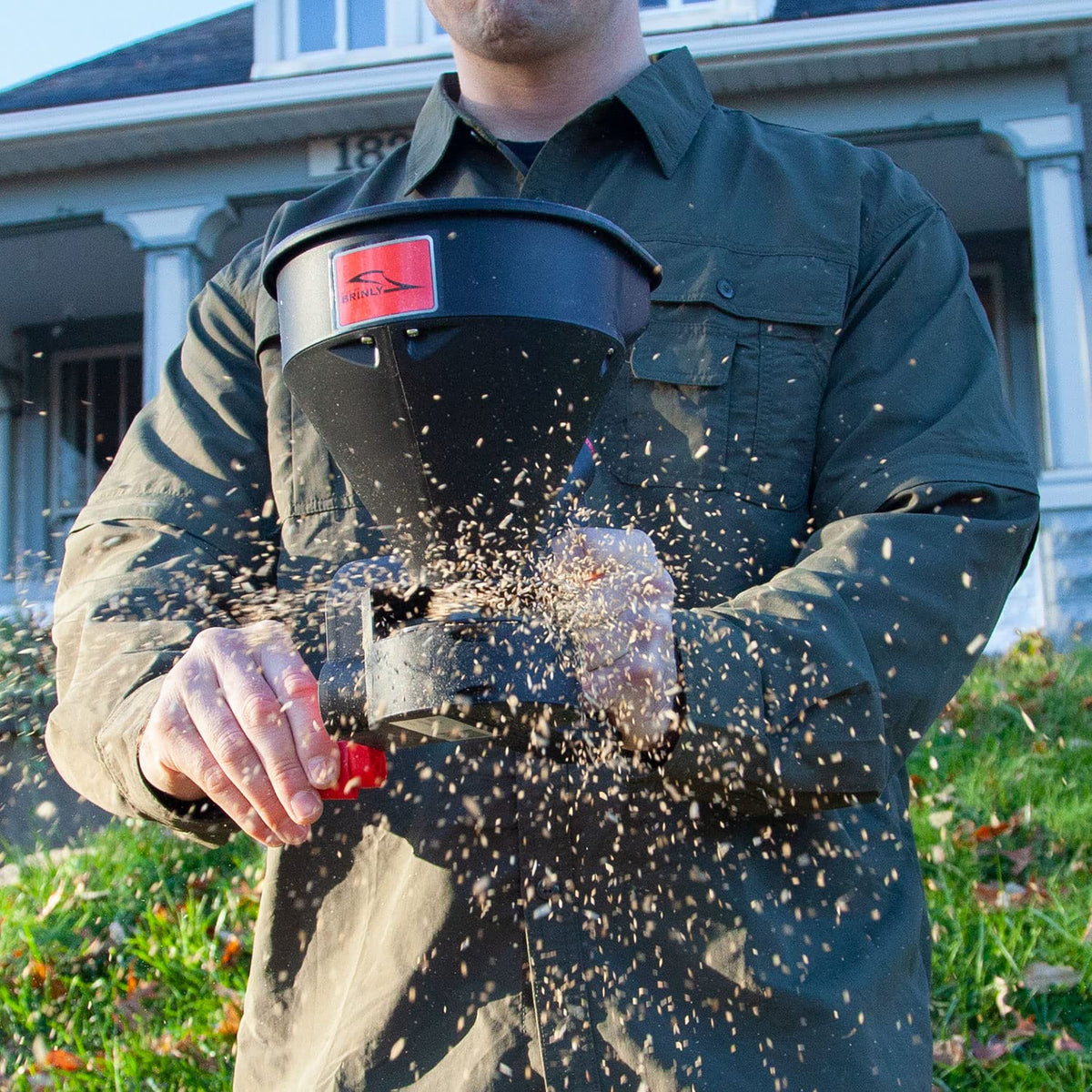 Brinly 5lb spreader poly construction signals rugged durability.