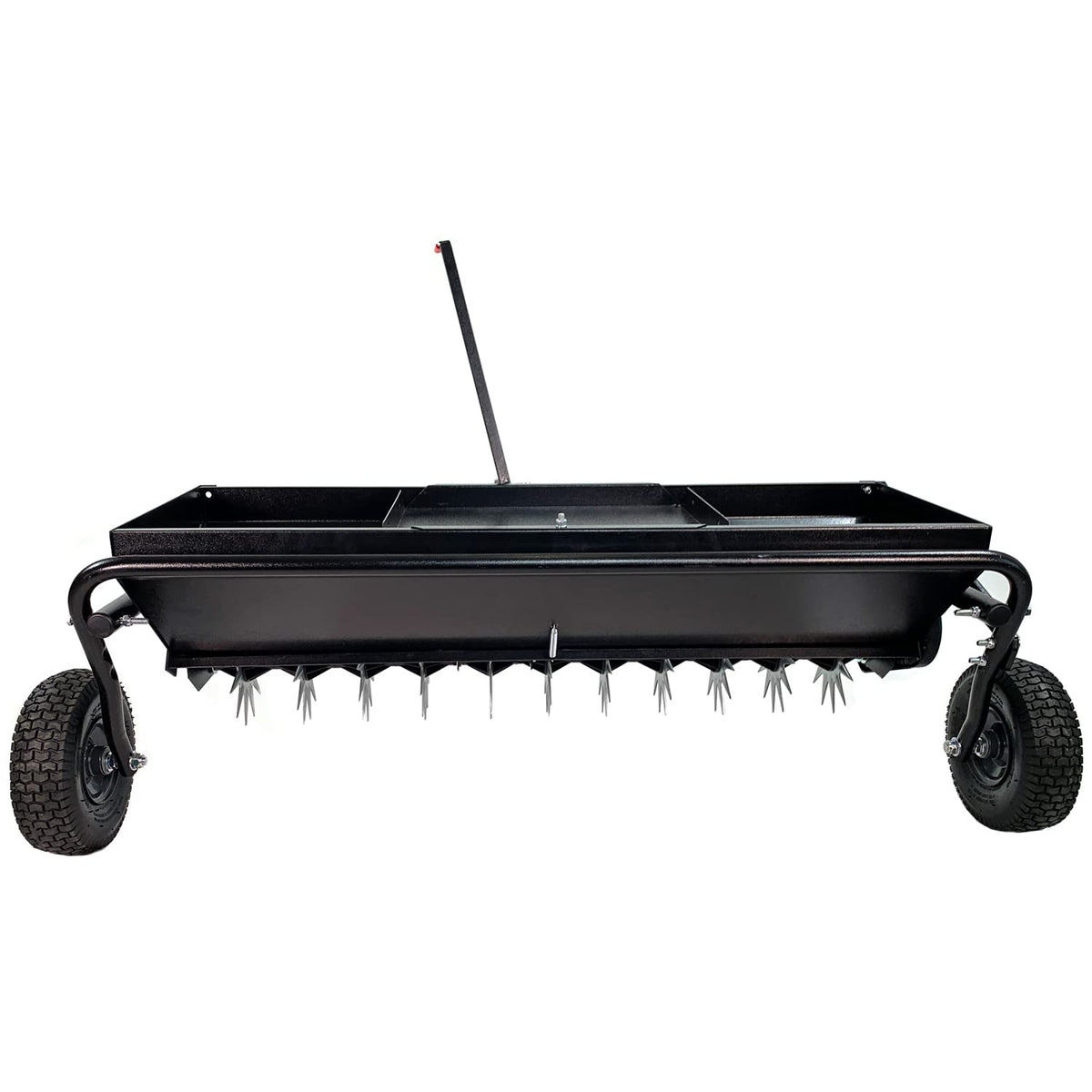 Brinly all-steel hopper with 100 lb capacity keeps seed and lime ready for tasks.