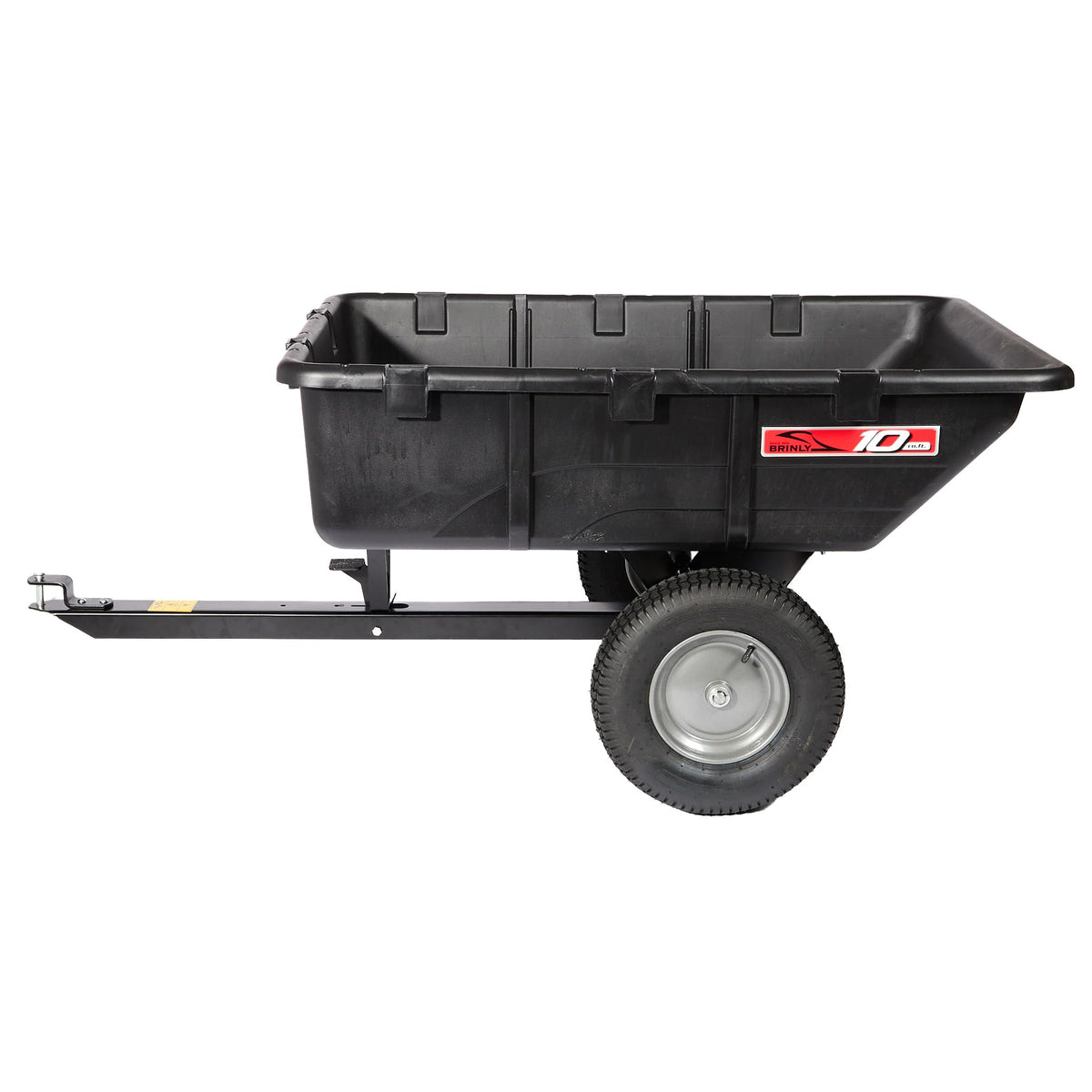 Brinly foot pedal release enables hands-free dumping.