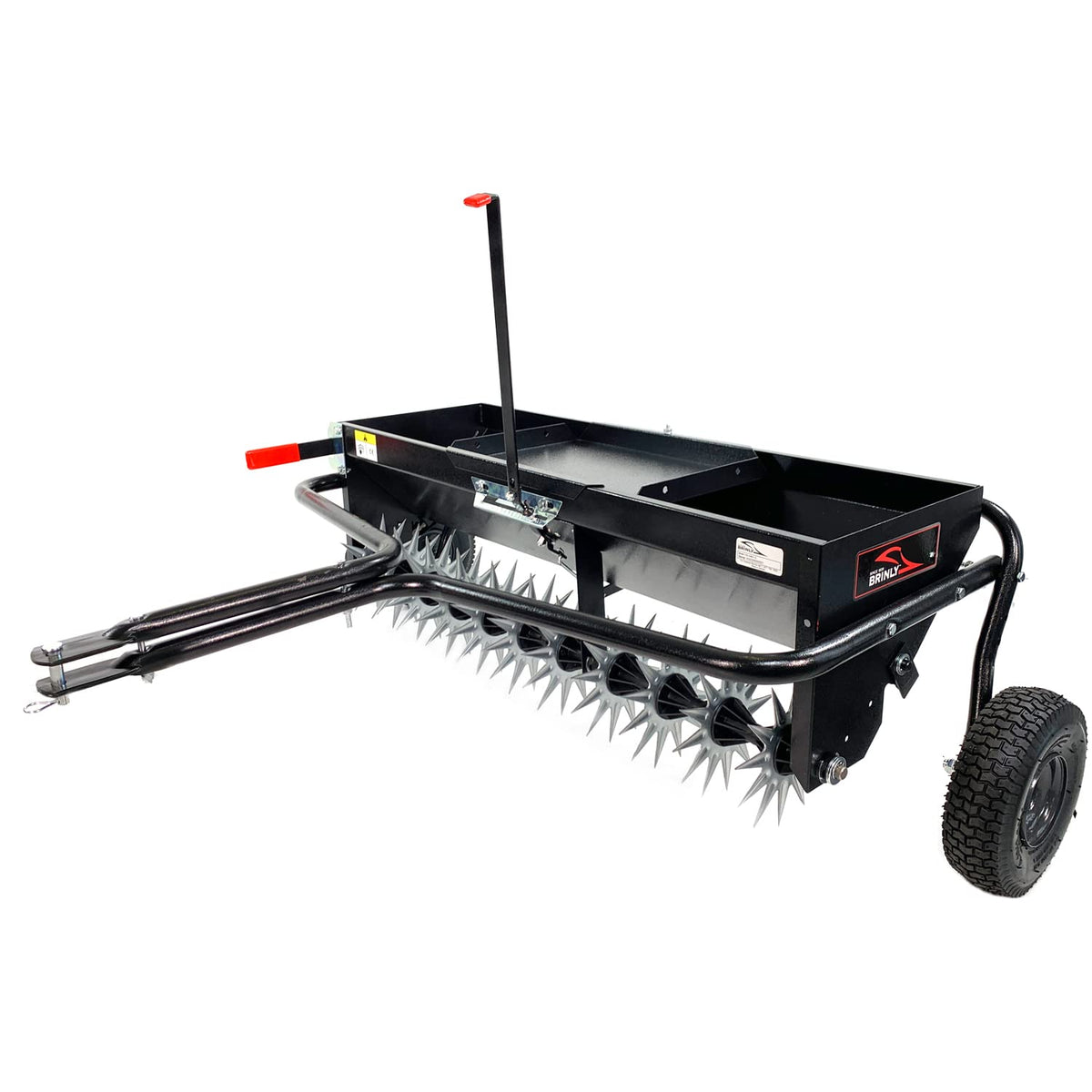 Brinly tow behind aerator-spreader assembly for efficient lawn care and even material distribution.