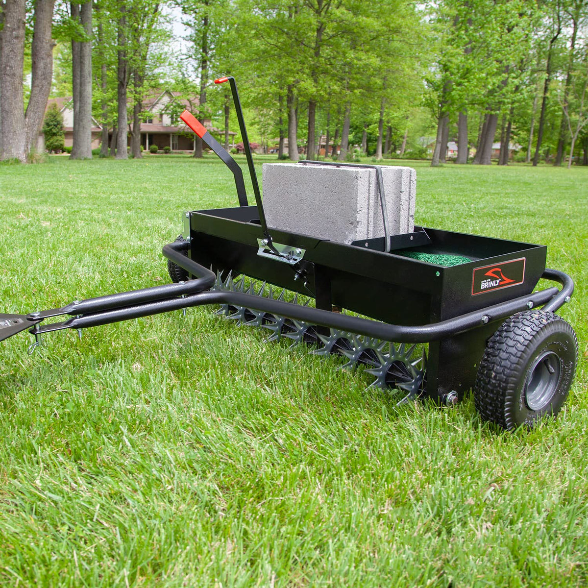 Brinly tubular-steel-design-frame delivers rugged durability across seasons.