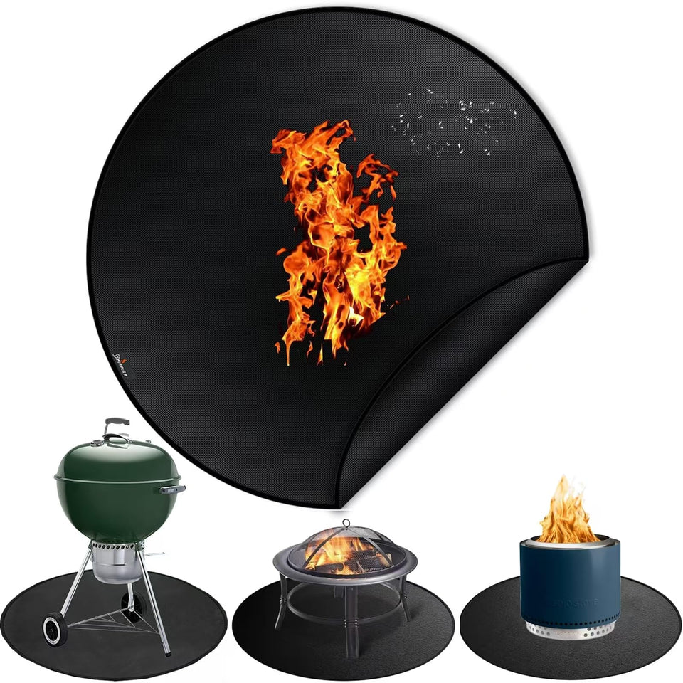 Brinman 40-inch fire pit mat under Solo Stove Bonfire protects surface from spills and embers