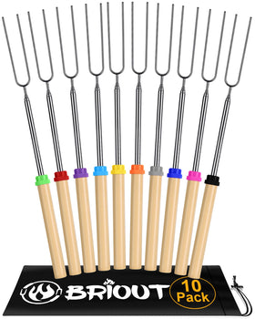 BRIOUT extendable roasting sticks 32-inch reach for safe campfire roasting.