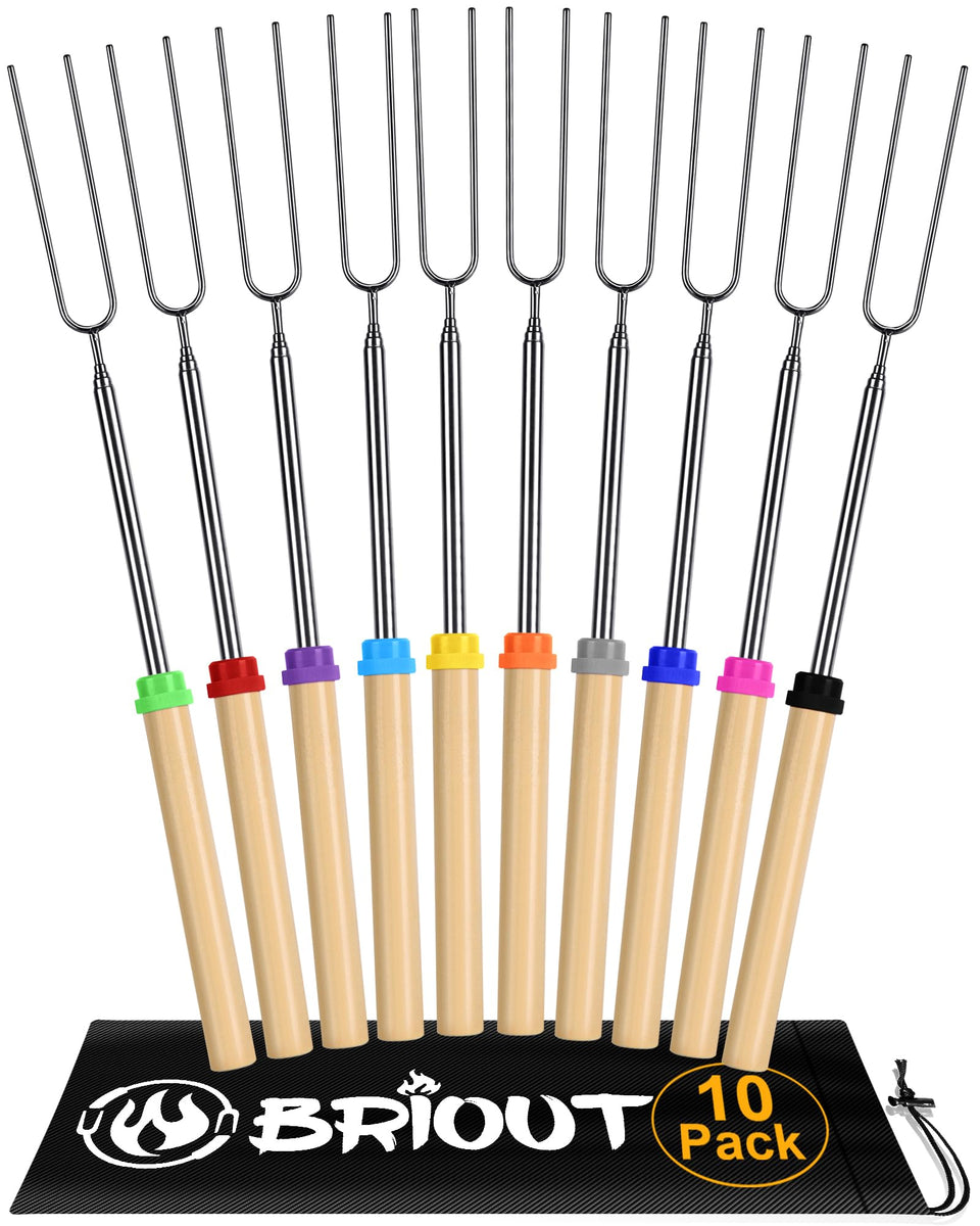 BRIOUT extendable roasting sticks 32-inch reach for safe campfire roasting.