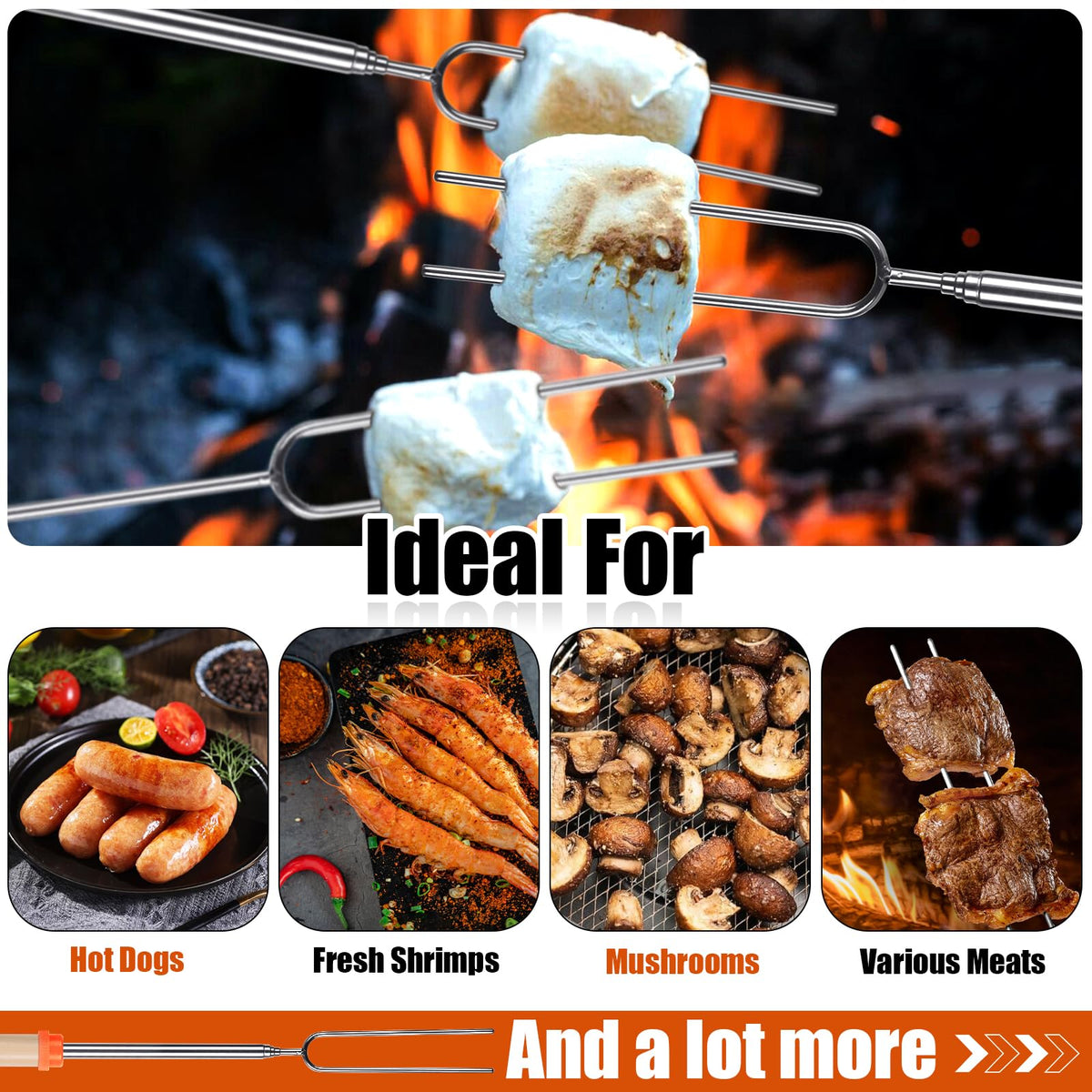 BRIOUT extendable roasting stick fully extended showing 32 inch reach