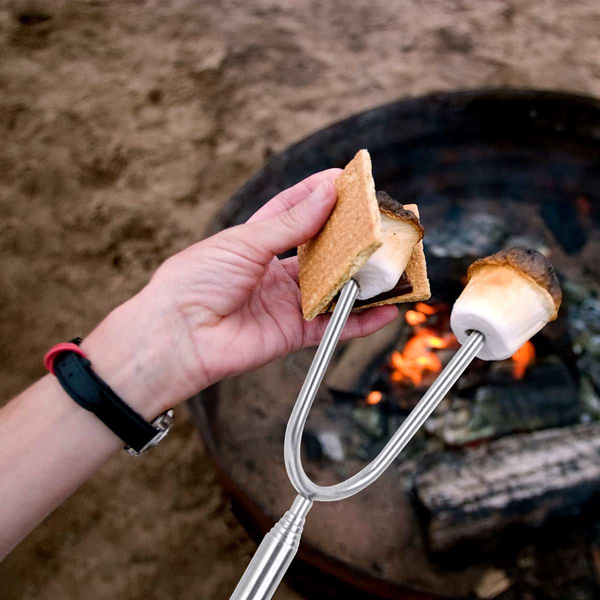 BRIOUT telescoping-roasting-stick extended to 11.8 inches for compact storage.