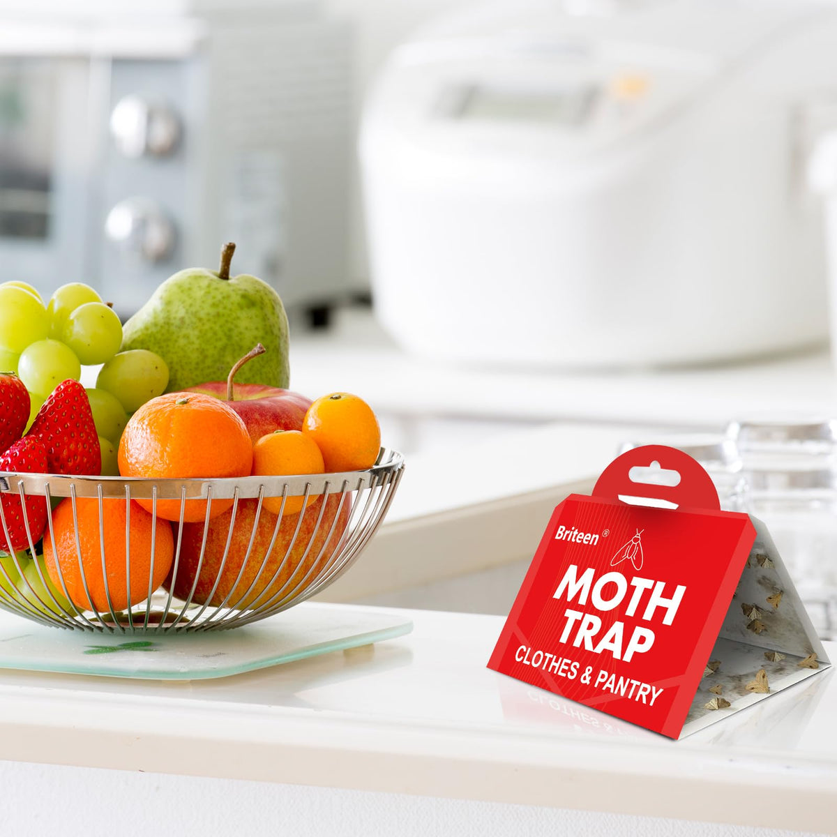 Briteen clothes moth traps in closet safeguard fabrics.