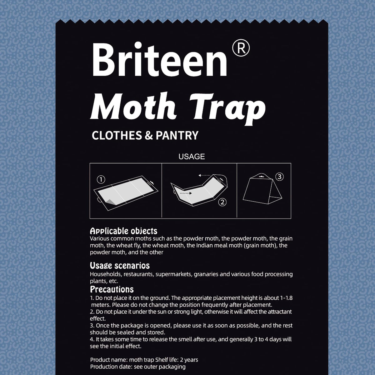 Briteen moth traps timed-release pheromones attract moths from a distance in a kitchen.