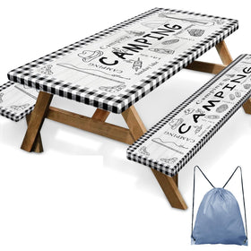 Britown picnic table cover with elastic edges keeps outdoor table secure.
