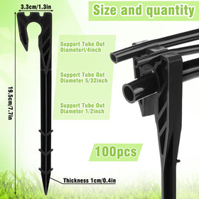 Briwooody drip tube stake in soil supports 1/2in, 1/4in, and 5/32in tubing.