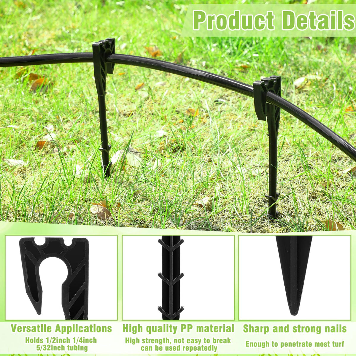 Briwooody triangular-barb stakes grip soil securely for reliable irrigation hose placement.