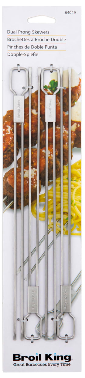 Broil King dual-prong skewers ideal for kebabs and grilled vegetables.