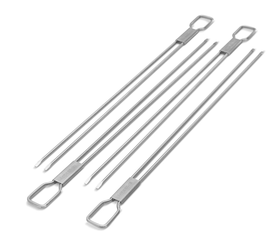 Broil King dual-prong skewers, 12-inch length, prevent spinning while flipping kebabs.