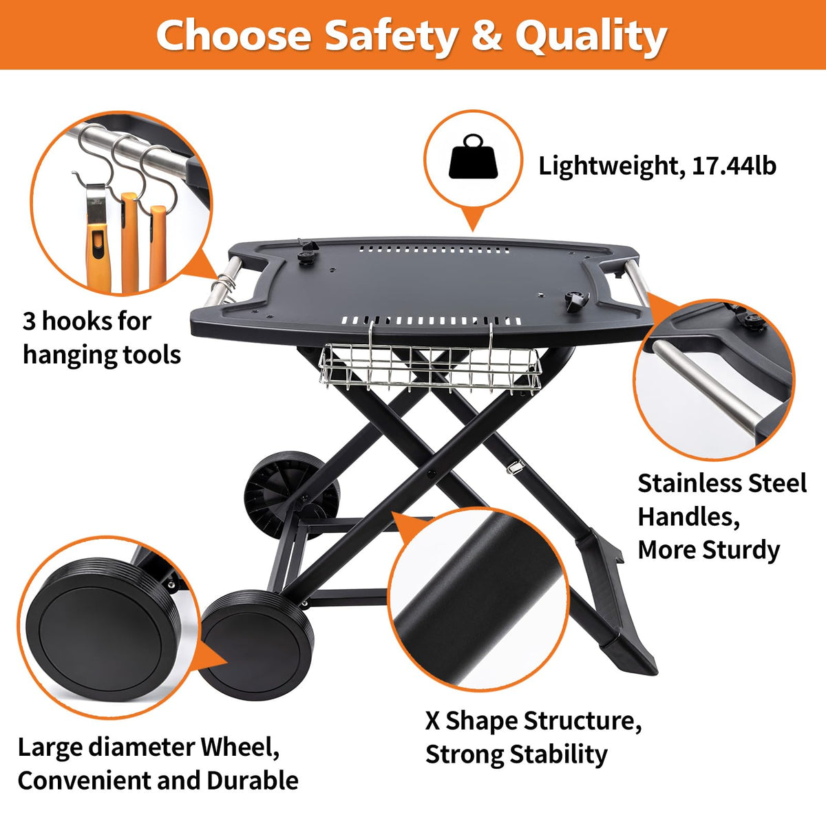 Durable wheels on the Broil-X cart provide smooth outdoor mobility.