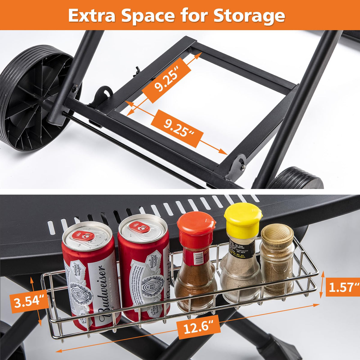 Broil-X cart side hooks hold BBQ tools within reach.