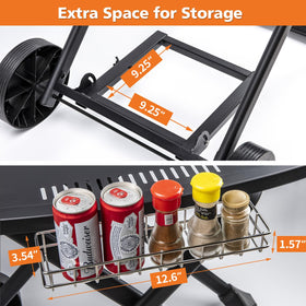 Broil-X cart side hooks hold BBQ tools within reach.