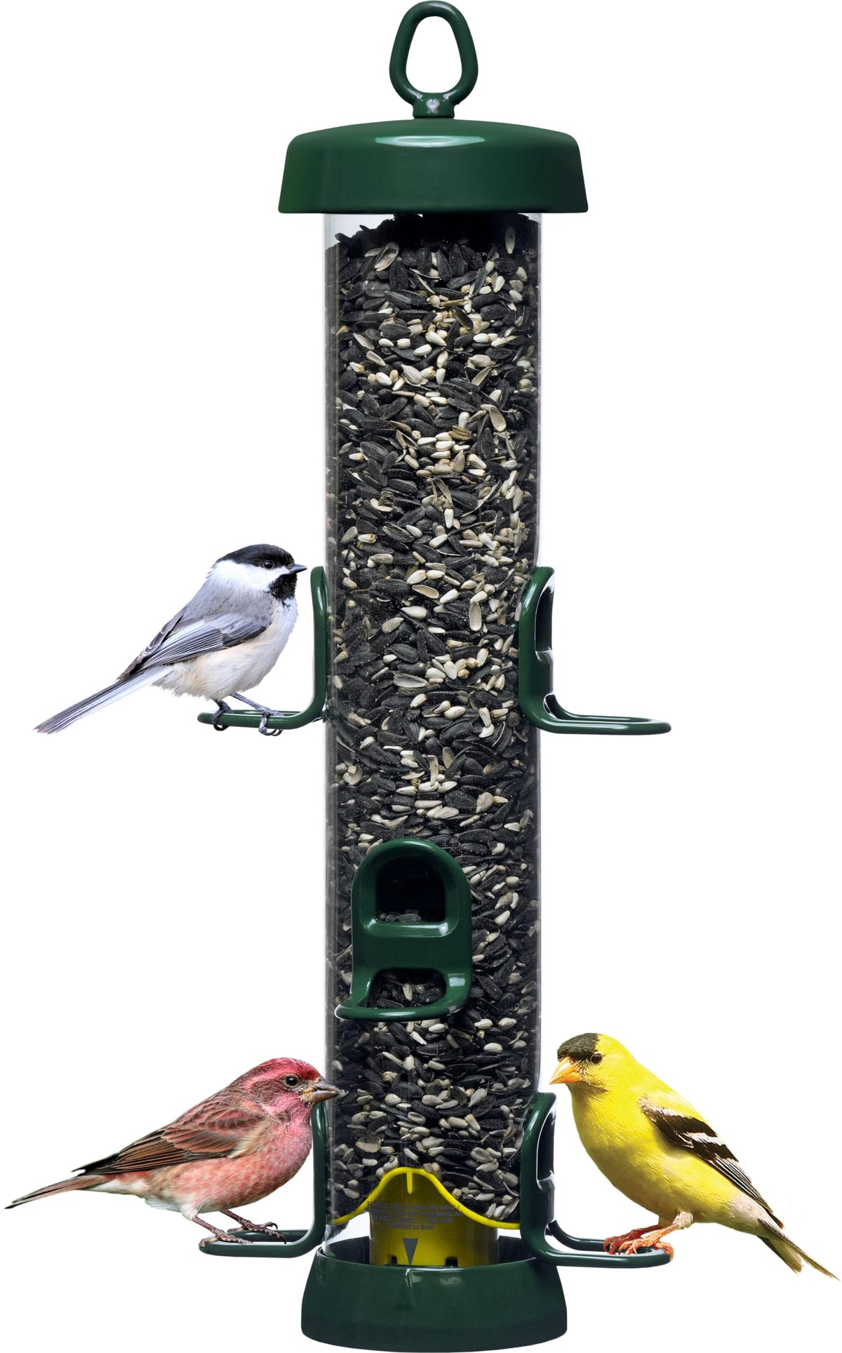 Brome Tube 200 bird feeder front view with six ports for easy access.