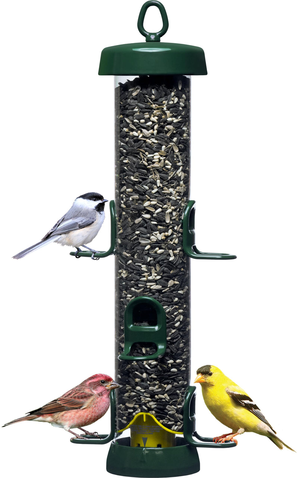 Brome Tube 200 bird feeder front view with six ports for easy access.