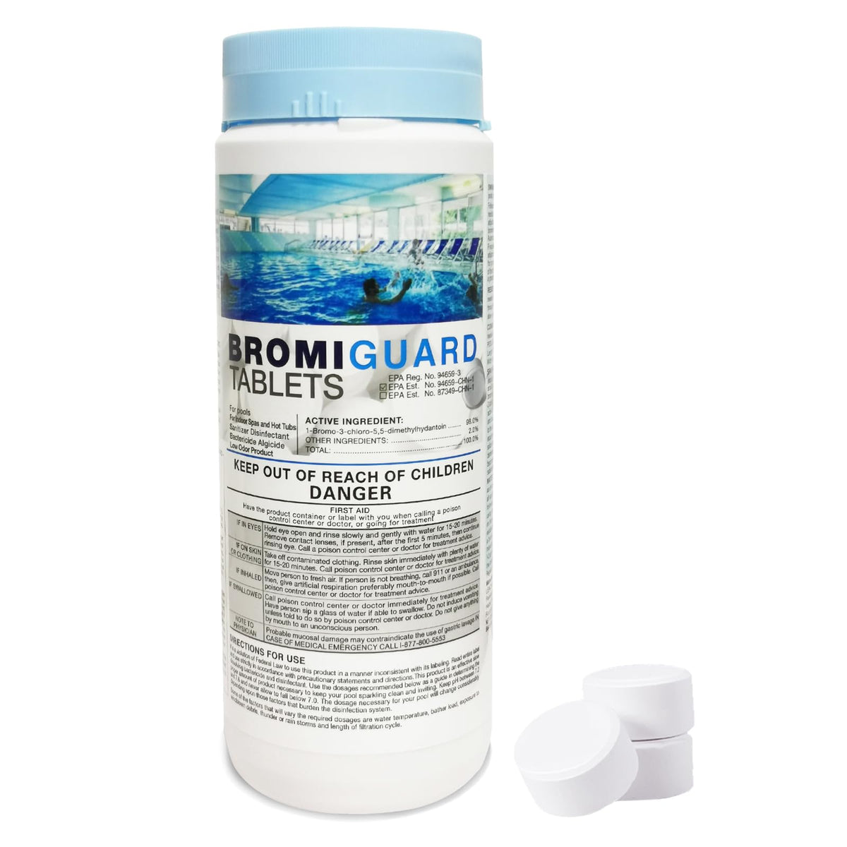BROMIGUARD bromine tab bucket ready for spa sanitation and long-lasting protection.