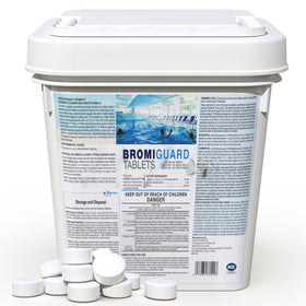 BROMIGUARD bromine tablets close-up, ready to sanitize spa water safely and effectively.